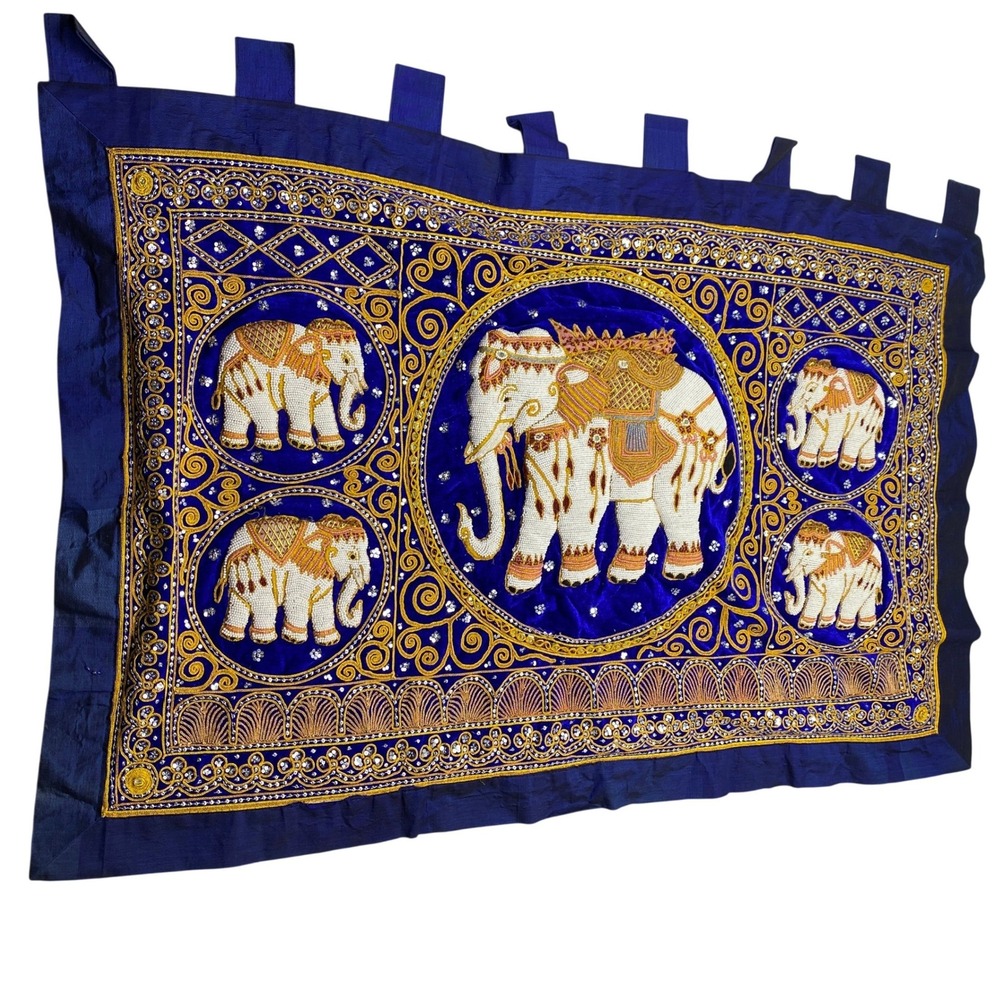 Vibrant Blue Elephant Tapestry Wall Hanging Embellished Beaded Thai Burmese Deco